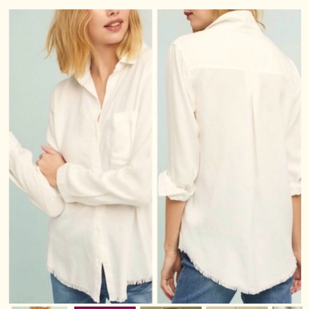 Cloth & Stone Anthropologie 100% Linen White Button Down Shirt Frayed Hem,size M